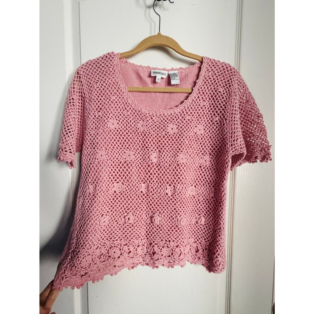Vintage y2k Pink Crochet Lace Sweater Boho Cottagecore Ramie Cotton XL